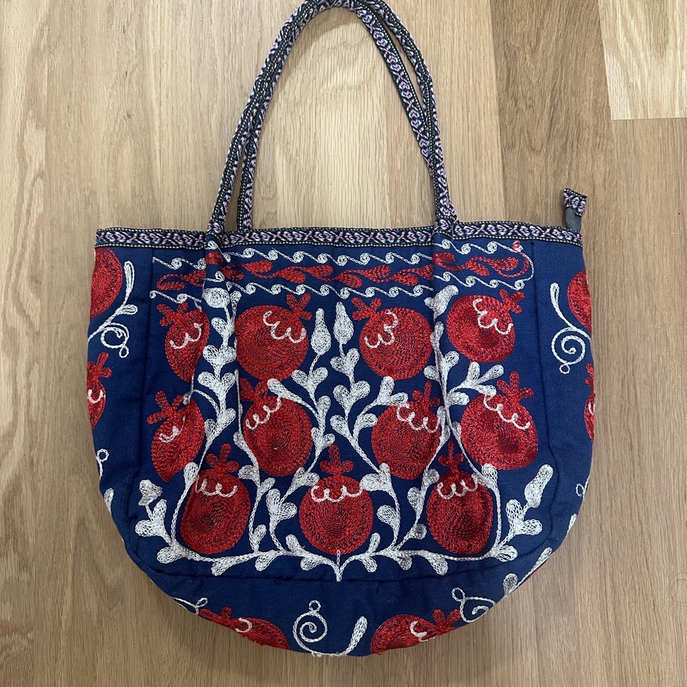 Embroidered Blue and Red Tote Bag